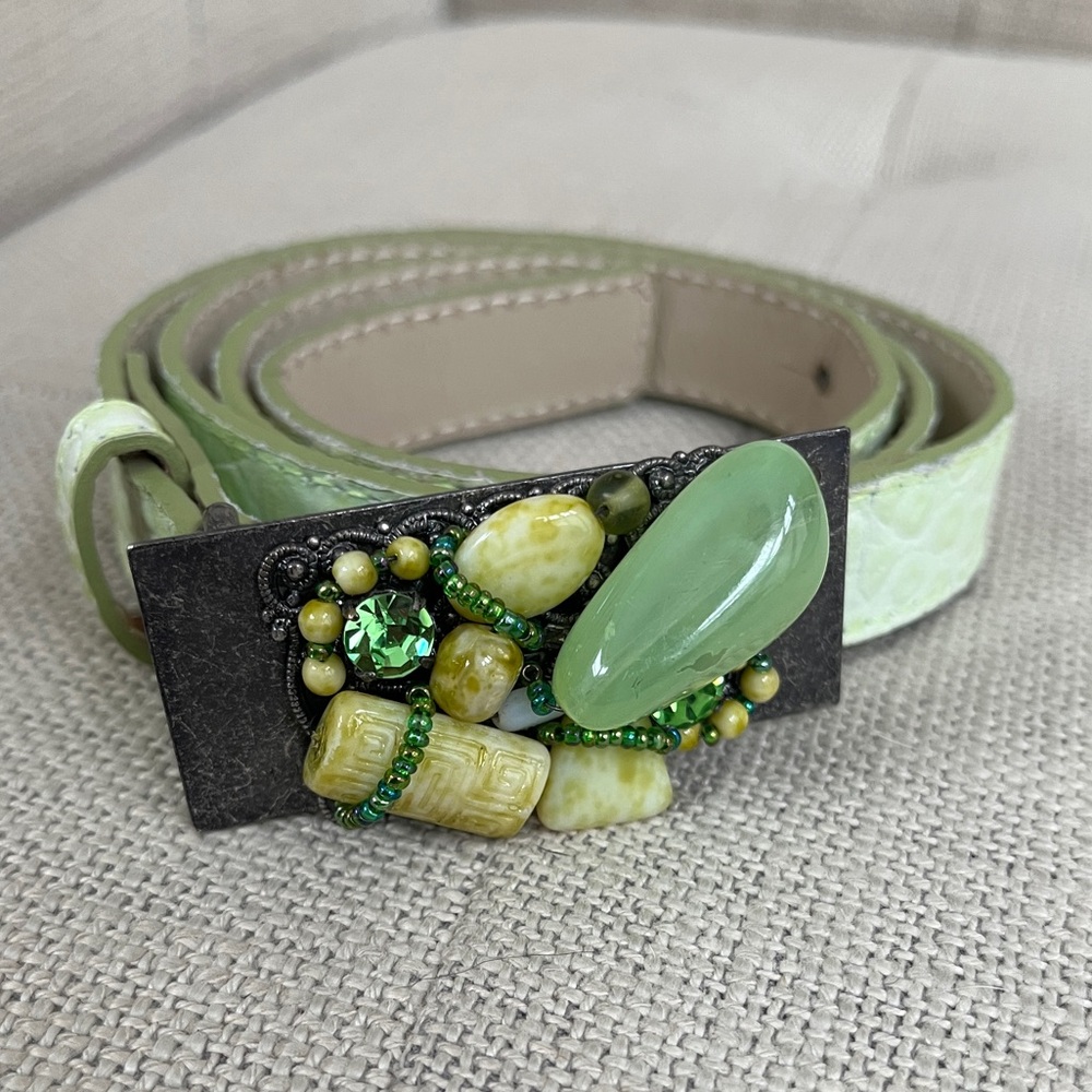 BELT Genuine Leather Made Italy Stone Embellished Buckle Textured Light Green